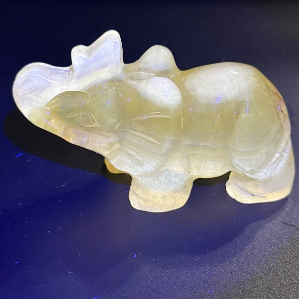Natural Yellow Fluorite Elephant Hand Carved UVs Stone Trunk Up 4" 376g - Picture 6 of 11